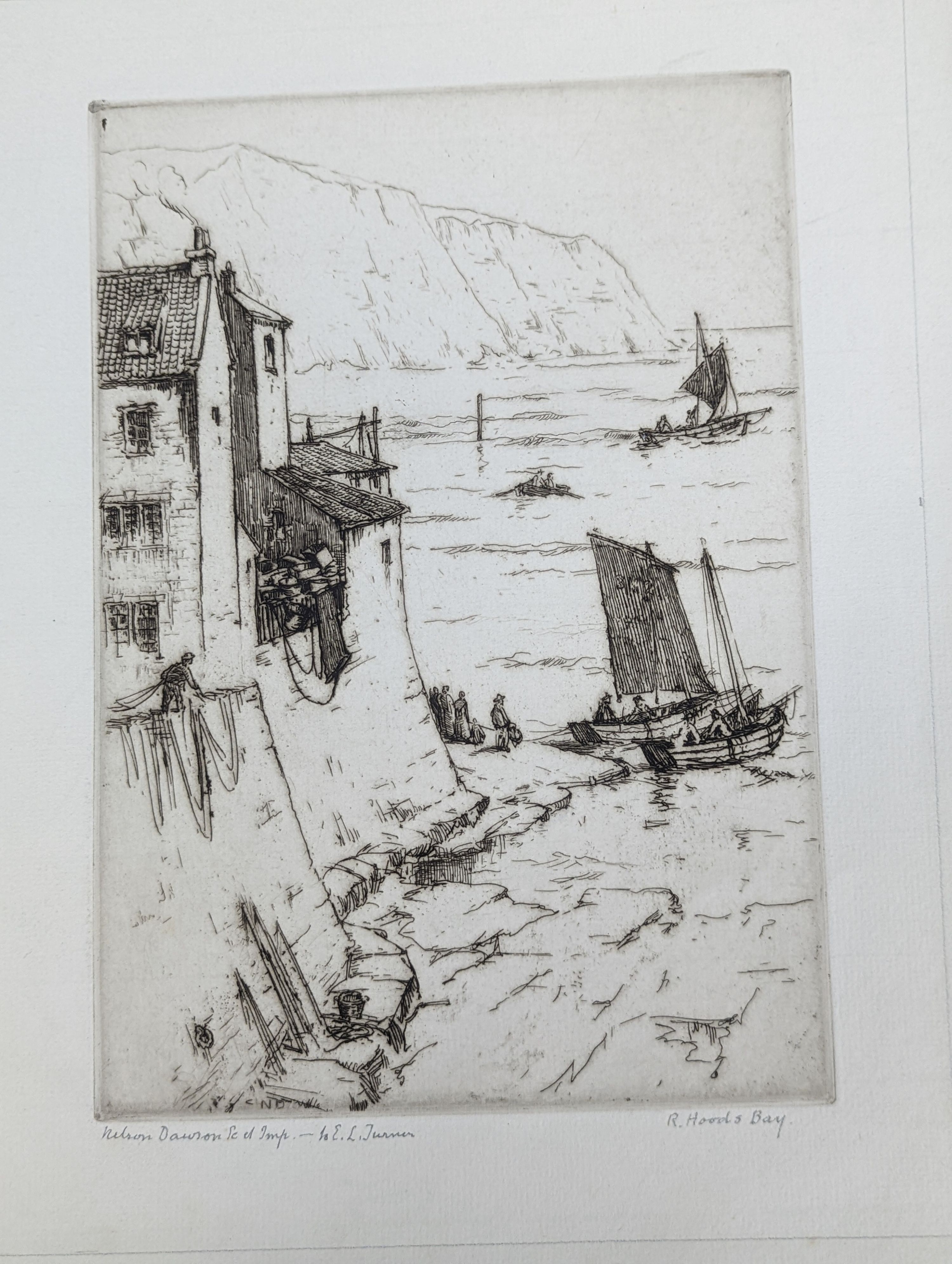 Nelson Dawson (1859-1941), six assorted etchings and an original sketch